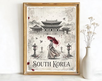 Seoul South Korea Gyeongbokgung Palace Art, Canvas or Poster, Vintage Deco Decor, Living Room Bedroom Office Wall Art, Beige Grey Red Blue