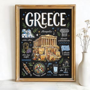 May include: A framed chalkboard-style print with the word "GREECE" in white script. The print features illustrations of Greek landmarks, food, and cultural elements, including the Parthenon, white villas, and souvlaki.