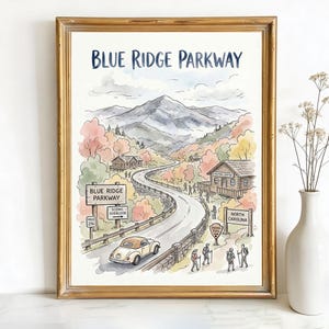 May include: A framed watercolor print of the Blue Ridge Parkway, featuring a winding road through a mountain landscape with fall foliage. The print includes a vintage car, a scenic overlook sign, and the text "Blue Ridge Parkway".