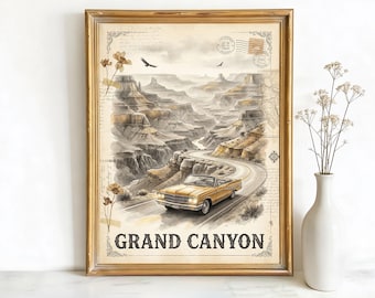 Grand Canyon Arizona Canyon National Park Art, Canvas or Poster, Vintage Travel Deco, Living Room Vacation Home Entryway Wall Art, Gold