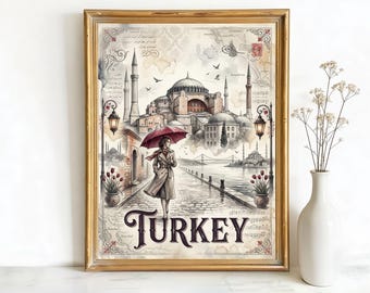 Istanbul Turkey Hagia Sophia Art, Canvas or Poster, Ink Wash Decor, Living Room Entryway Bedroom Vacation Home Wall Art, Brown Grey Red