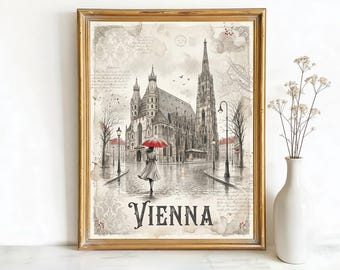 Vienna Austria St. Stephen's Cathedral Art, Canvas or Poster, Vintage Travel Deco, Living Room Bedroom Entryway Wall Art, Black White Red