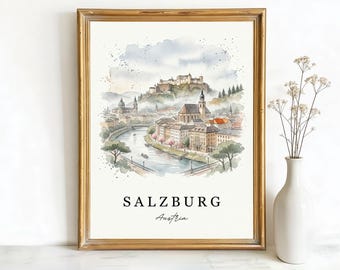 Salzburg Austria Hohensalzburg Fortress Art, Canvas or Poster, Ink Watercolor Sketch Decor, Living Room Bedroom Office Wall Art, Blue Grey