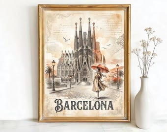 Barcelona Spain Sagrada Familia Art, Canvas or Poster, Vintage Letterpress Decor, Living Room Entryway Vacation Wall Art, Beige Brown Black