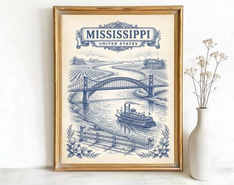 Mississippi USA River Art, Canvas or Poster, Rustic Engraving Decor, Living Room Study Entryway Vacation Home Wall Art, Blue Cream Black