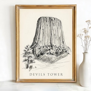 Könnte beinhalten: Eine gerahmte Schwarz-Weiß-Skizze des Devils Tower, einer geologischen Formation. Das Kunstwerk befindet sich in einem goldenen Rahmen und trägt unten den Text "DEVILS TOWER". Rechts neben dem gerahmten Kunstwerk steht eine weiße Vase mit Trockenblumen.