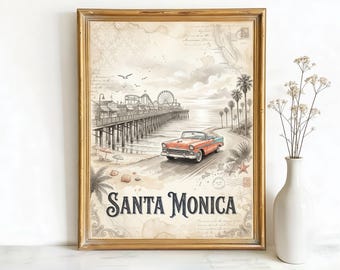 Santa Monica California Monica Pier Art, Canvas or Poster, Vintage Travel Deco, Living Room Bedroom Vacation Home Wall Art, Beige Brown Blue