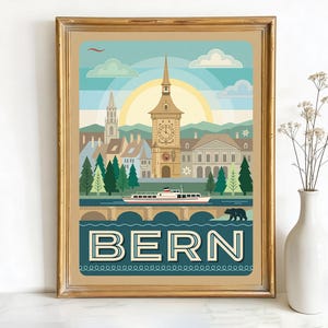 Bern Switzerland Zytglogge Clock Tower Art, Canvas or Poster, Vintage Travel Deco Decor, Living Room Bedroom Entryway Wall Art, Teal Brown