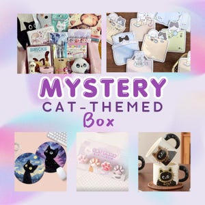 May include: A collection of cat-themed items, including a mystery box with books, plushies, and stickers. Also featured are cat paw-shaped accessories, mousepads with cat illustrations, and cat-faced mugs. The text "MYSTERY CAT-THEMED Box" is displayed.
