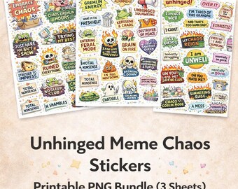 Pegatinas de memes desquiciados / Humor divertido sobre salud mental (Paquete PNG de descarga digital)
