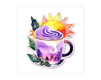 Pegatina de vinilo troquelada estética "Buenos días" con café
