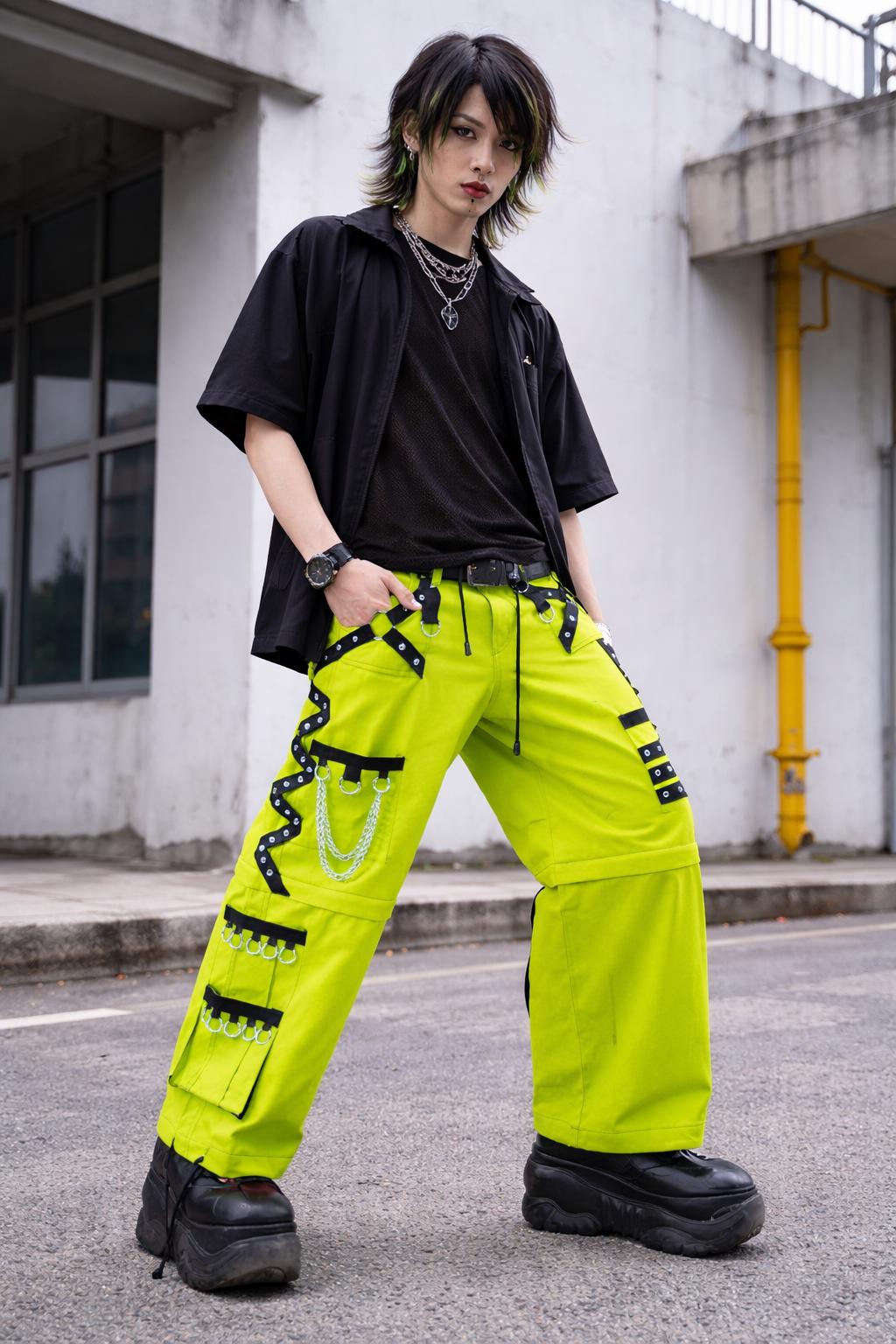 Neon Green Cyberpunk Cargo Pants With Chains & Straps | Gothic