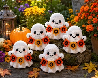 Patrón de fantasma pequeño a crochet, amigurumi de Halloween con pancarta BOO, PDF digital fácil