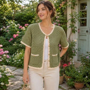 Patrón de cárdigan de ganchillo en PDF, chaqueta con botones delanteros, top de verano, suéter para mujer (descarga instantánea)