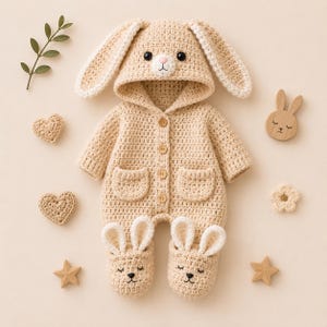 Op de afbeelding: Een beige gehaakte babyromper met een capuchon met lange konijnenoren, een knoopsluiting aan de voorzijde en twee zakken. De aangehechte slofjes zijn voorzien van geborduurde konijnengezichtjes met gesloten ogen en een klein neusje.