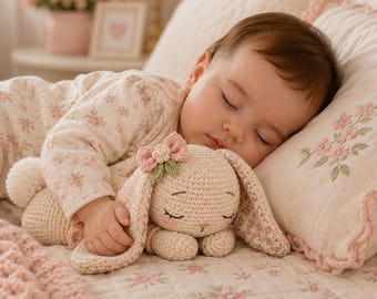 Patrón de ganchillo en PDF de conejito durmiendo, juguete amigurumi, decoración para habitación infantil (descarga digital)