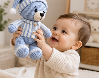 Patrón de osito de peluche dormido a crochet, oso amigurumi en pijama, tutorial de juguete de peluche en PDF, regalo para baby shower, patrón de decoración para la habitación del bebé.