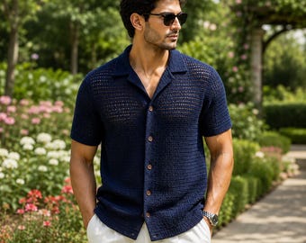 Patrón de camisa de ganchillo para hombre en PDF, camisa de ganchillo con botones, top de verano con cuello, polo de ganchillo de manga corta, patrón de ropa para hombre
