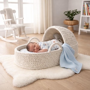 Schema PDF per culla all'uncinetto, modello per cesta di Mosè all'uncinetto, lettino per bambola neonato, cesto decorativo per la cameretta, tutorial per principianti