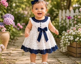 Patrón de ganchillo para conjunto de ropa de bebé en PDF: vestido, gorro, chaqueta, patucos y manoplas para recién nacida. Patrón de ganchillo vintage para bebé.