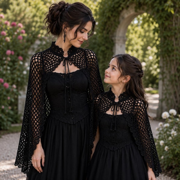 Black Crochet Lace Cape Pattern PDF, Gothic Crochet Shawl, Bell Sleeve Capelet, Victorian Wrap, Halloween Crochet Pattern