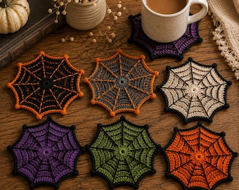Patrón de posavasos de ganchillo con diseño de telaraña, posavasos espeluznante para tazas de Halloween (PDF)