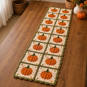 May include: A rectangular crochet table runner featuring a repeating pattern of orange pumpkins on a cream-colored background. The runner is composed of individual square motifs joined together with a dark green border and a scalloped edge finish.
