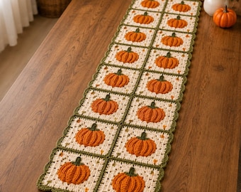 Patrón de camino de mesa de calabaza a crochet (PDF), decoración otoñal estilo granja, camino de mesa de Acción de Gracias, Acción de Gracias, crochet de otoño pdf, camino de mesa estilo granja