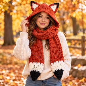 May include: A crochet fox hood and scarf set in burnt orange, white, and black. The hood features pointed ears with white and black accents. The long scarf ends are finished with white and black color-blocked sections, mimicking a fox tail design.