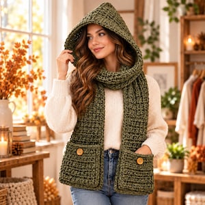 May include: A chunky olive green crochet hooded scarf featuring a thick textured knit pattern, a deep hood, and two large front pockets, each accented with a single round wooden button. The scarf is worn over a cream-colored long-sleeve sweater.