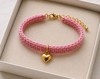 Patrón de pulsera de corazón a crochet, pulsera de la amistad rosa, joyería de corazón a crochet, tutorial en PDF para pulsera fácil.