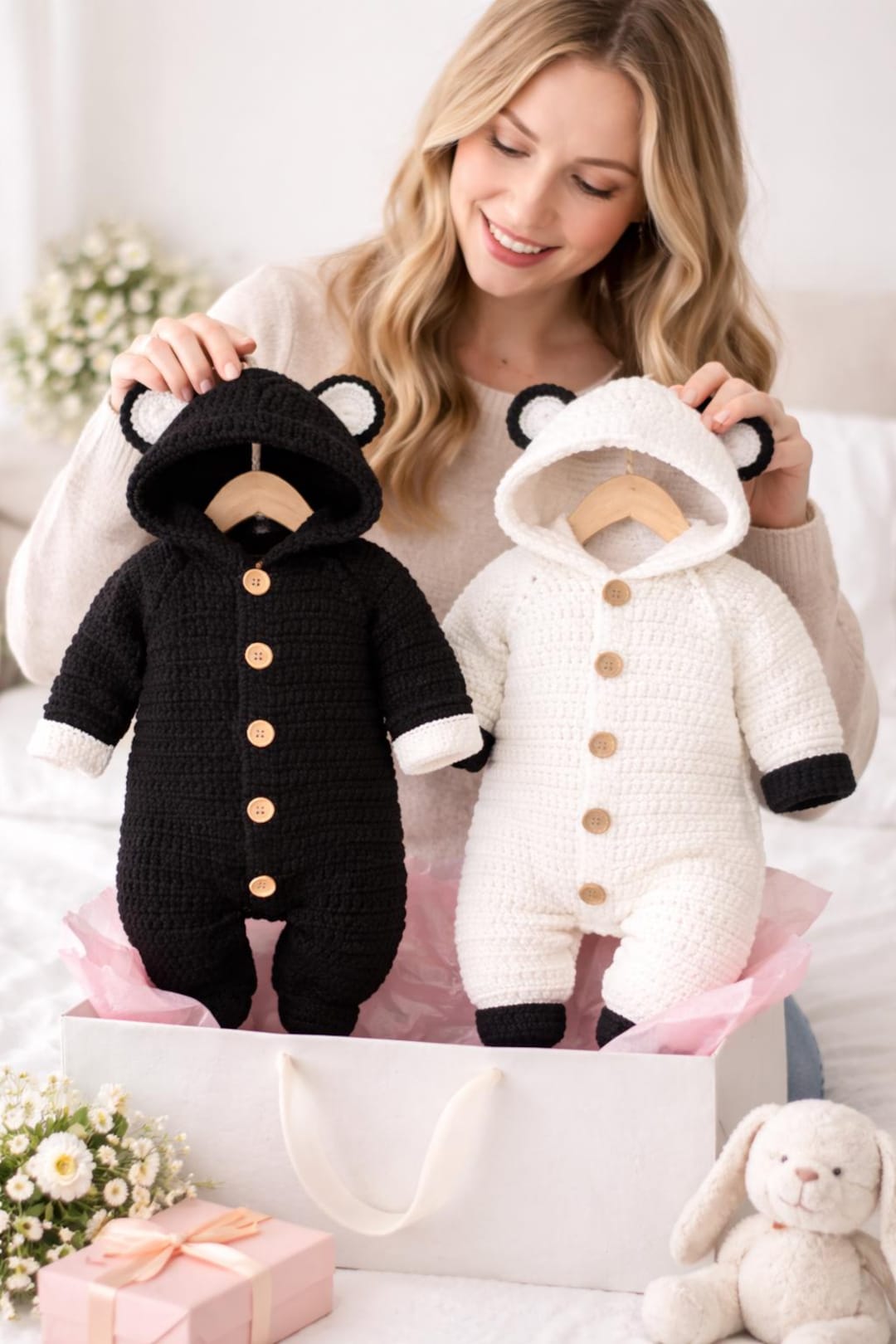Crochet Baby Romper Pattern PDF, Bear Hooded Newborn Jumpsuit