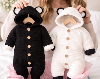 Patrón de pelele de bebé a crochet, mono con capucha de oso para recién nacido, conjunto de body para bebé, regalo para baby shower en PDF, descarga instantánea.