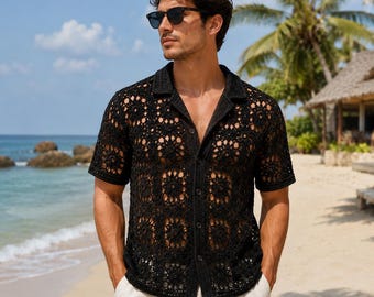 Patrón de camisa de ganchillo para hombre en PDF, camisa de verano de malla con botones, top de ganchillo para hombre para principiantes, camisa de playa con cuello tipo campamento, tallas S-XXL