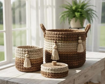 Conjunto de patrones de cestas de ganchillo, cestas de almacenamiento apilables, organizador rústico para el hogar, decoración de estilo granja, descarga instantánea en PDF.