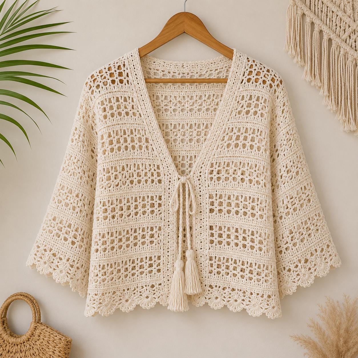 Crochet Lace Cardigan Pattern PDF, Tie Front Crochet Top, Bell