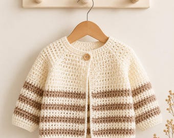 Patrón de cárdigan de bebé a crochet en PDF, suéter raglán de bebé tejido de arriba hacia abajo, chaqueta de crochet a rayas, cárdigan para bebé, regalo de crochet para baby shower.