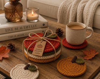 Paquete de patrones de ganchillo de otoño, posavasos de calabaza y funda para taza, patrones de hojas y bellotas de ganchillo, decoración acogedora para el hogar en otoño (PDF).