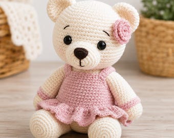 Patrón de amigurumi de osito de peluche a crochet con vestido rosa - Tutorial de regalo para baby shower