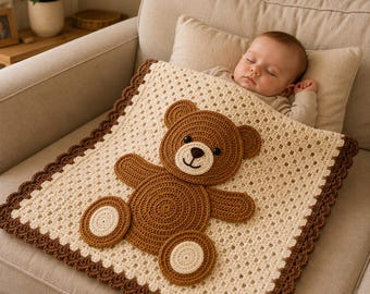 Patrón de manta de ganchillo con apliques de osito de peluche en PDF, manta fácil para bebé, regalo para guardería, descarga instantánea.