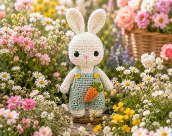 Patrón de conejito de ganchillo, conejo amigurumi, conejito de ganchillo en PDF, lindo patrón de conejito de ganchillo, conejito de zanahoria de juguete, descarga digital para principiantes