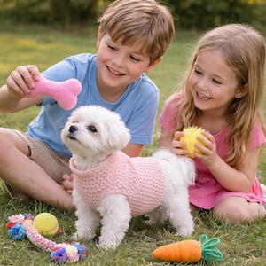 May include: A white dog wearing a pink sweater is surrounded by children and toys on a grassy lawn. The toys include a pink bone, a yellow ball, a rope toy, and an orange carrot.