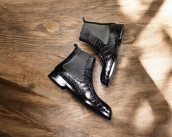 Handmade Men Black texture leather Ankle Chelsea boot.