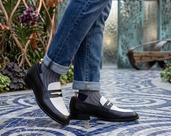 Handmade Men two tone Black & White penny loafers leather shoes.