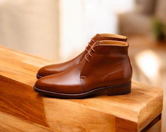 Handmade Men Tan leather chukka boot : Men dress up casual.