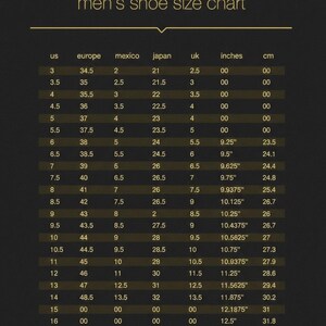 May include: Men's shoe size chart with conversions for US, Europe, Mexico, Japan, and UK sizes. Includes inches and centimeters measurements. Sizes range from US size 3 to 16, with corresponding measurements in inches and centimeters.