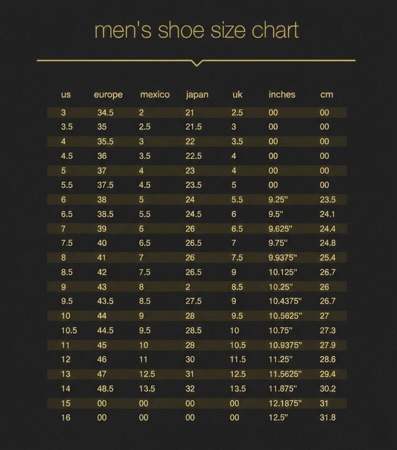 May include: Men's shoe size chart with conversions for US, Europe, Mexico, Japan, and UK sizes. Includes inches and centimeters measurements. Sizes range from US size 3 to 16, with corresponding measurements in inches and centimeters.