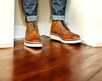 Handmade Tan leather Oxford brogue boots, men’s formal Vibram sole boots.