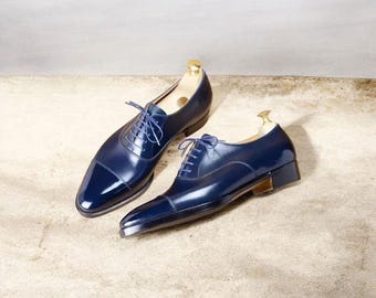 Handmade Men Blue Oxford leather shoes, men’s dress up formal shoes.