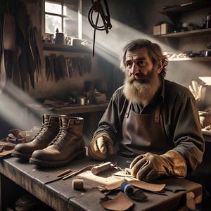 May include: A craftsman in a leather apron and gloves sits at a workbench, surrounded by tools and leather. Two brown leather boots with laces sit on the table. The workshop has a rustic, vintage feel.
